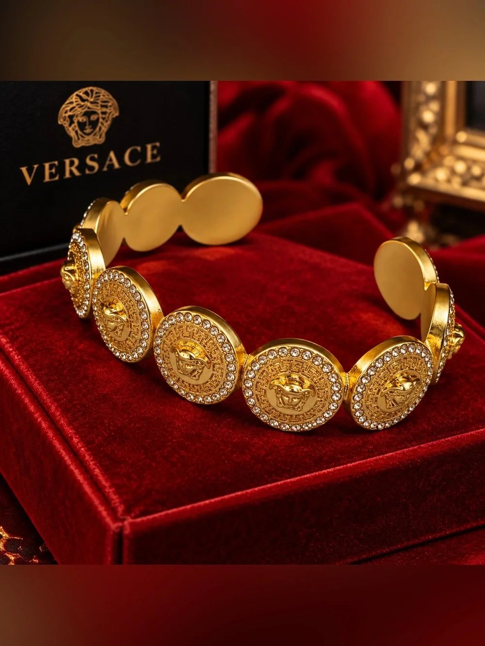 Versace Gold Medusa Crystal Greek Key Open Cuff Bracelet